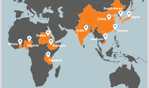 Map of Africa, East Asia and India where researchers are expanding genetic research for Parkinson's disease.