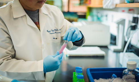 Scientist in lab holding up blood sample