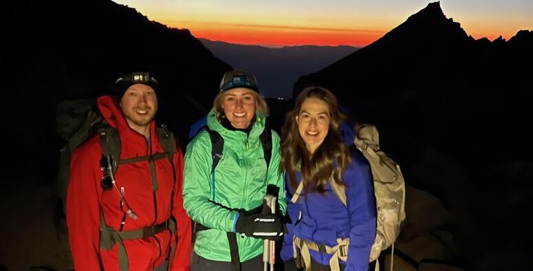 Jared S., Malea and I watching one of the most amazing sunrises over Mount Whitney, as we began our summit to 14,505 feet.